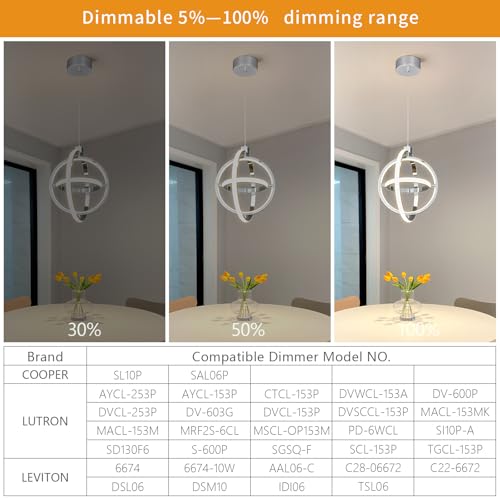 Modern LED Pendant Light Chrome Pendant Lights 4000K Dimmable External Glow Height Adjustable Pendant Lighting for Kitchen Island Dining Room Bedroom Living Room Foyer（3 (Chrome / Round-3 Ring External Glow)
