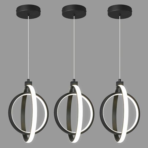 Modern LED Chandelier Black Ring Pendant Light Fixtures 4000K Dimmable Height Adjustable Pendant Lighting for Dining Room Kitchen Island Bedroom Living Room Foyer（3 (Sand Black / Round-3Pack)