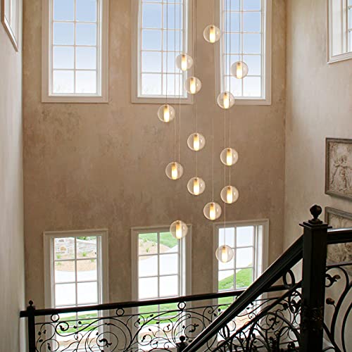 14 Lights Staircase Chandelier for High Ceiling (14 Light / Nickel Canopy)