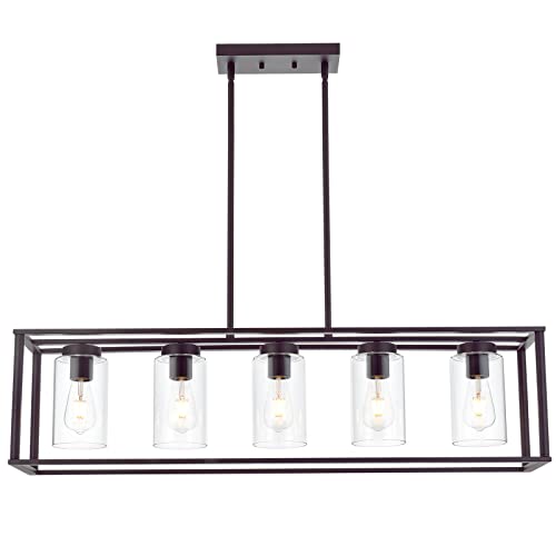 5 Light Kitchen Island Chandeliers Oil Rubbed Bronze Modern Linear Cage Pendant Lighting with Clear Glass Shades Farmhouse Ceiling Light Fixtures Hanging for Dining Room Living Room (Oil-Rubbed Bronze / 5 Light)
