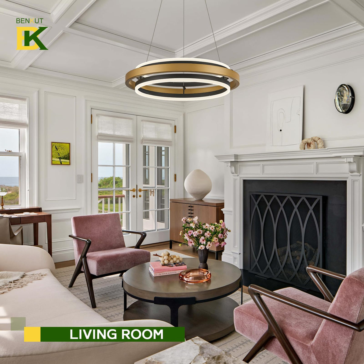 2 Rings Modern LED Chandelier Black Gold with Remote (Black Gold / 2 Rings 24 inches Up&Down)