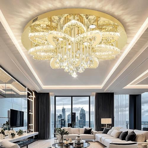 W32 Modern Crystal Chandelier for Living Room Gold Raindrop Chandelier Flush Mount Chandeliers for Foyer Dining Room Hallway Dimmable 2700K (Gold / W:32inches)
