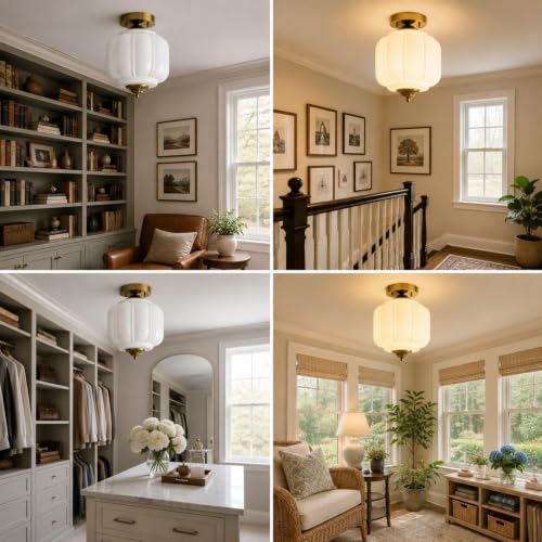 9.8" Vintage Ceiling Light with Milk White Ribbed Glass Lampshade (Gold / 9.8in)