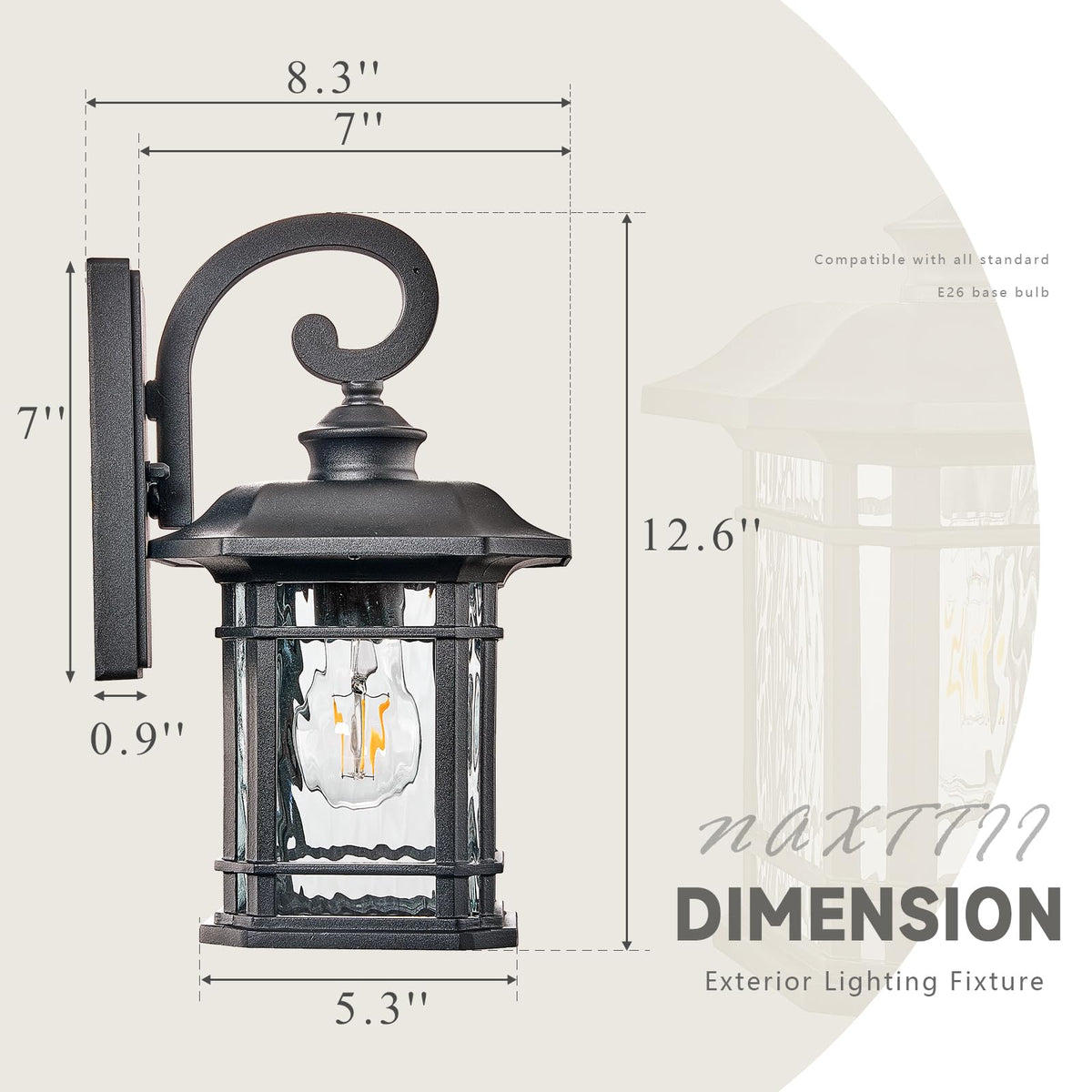 Outdoor Wall Lights Garage Outdoor Light Fixtures Waterproof Porch Light with Water Ripple Glass Black Finish E26 Socket Max 60W (Black / 12.6 inches)