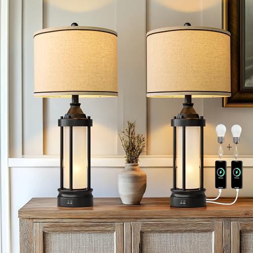 25'' Table Lamps for Bedroom Living Room Lamps Set of 2 Farmhouse Nightstand Bedside Lamps with USB Ports (Black & Beige)