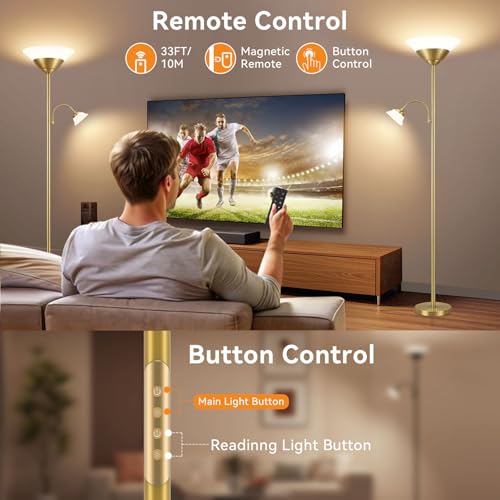 2-in-1 Torchiere Floor Lamp, 34W Super Bright LED Standing Lamp with Remote & Touch Control, 72" Dimmable Adjustable Corner Reading Lamp for Living Room, Bedroom, Office, Gold (Gold)