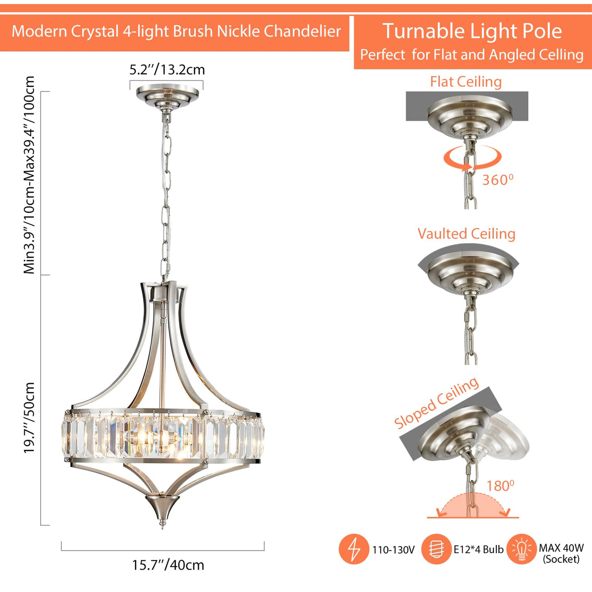 Crystal Chandeliers for Dining Room 15.7" Round Rustic Farmhouse Hanging Pendant Lighting Fixture Modern Brushed Nickel Chandelier Metal Shade 4 (15.7”-Brushed Nickel)