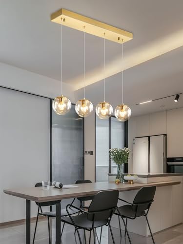 Chandeliers for Dining Room Gold Dining Room Lights Fixture Over Table Glass Globe Pendant Lights Kitchen Island Adjustable Hanging Lamp Ceiling for Bedroom Entryway Foyer (Gold-Clear / Rectangle 4-Light)