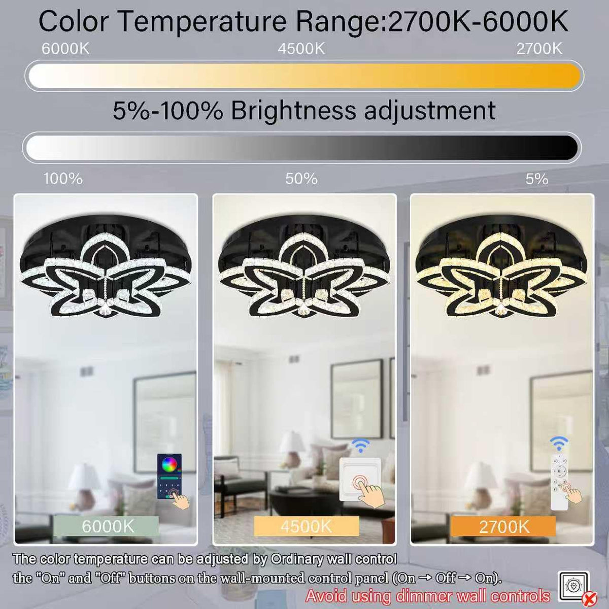 Dia 24" Modern Crystal Chandeliers Black Chandelier LED Flush Mount Ceiling Light for Living Room Dining Room Bedroom Foyer Entryway LED Dimmable 2700 (Black / Dia 24")