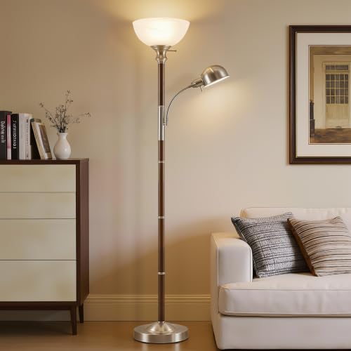 72" Wood Torchiere Floor Lamp with Glass Shade Walnut Standing Lamp (Dark Walnut)