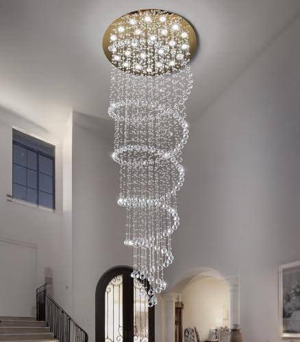 W47 x H118 High Ceiling Chandelier with LED Bulbs Dimmable Long Light Glam Chandeliers Crystal Pendants Light Fixtures for Foyer Entryway Living Room Stair Gold (Gold / Spiral W47" X H118")
