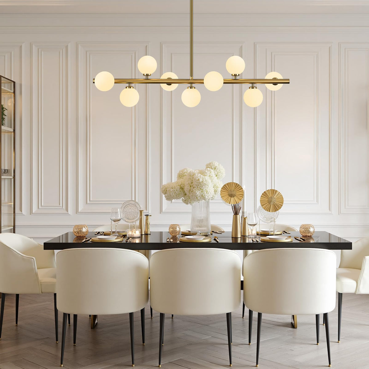 Linear Sputnik Dining Chandelier (Gold + White / 9-Light 40 Inch)