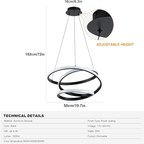19.7 inches Dimmable Black Modern Led Chandelier with Remote Control (Black-4 / 19.7 inches)