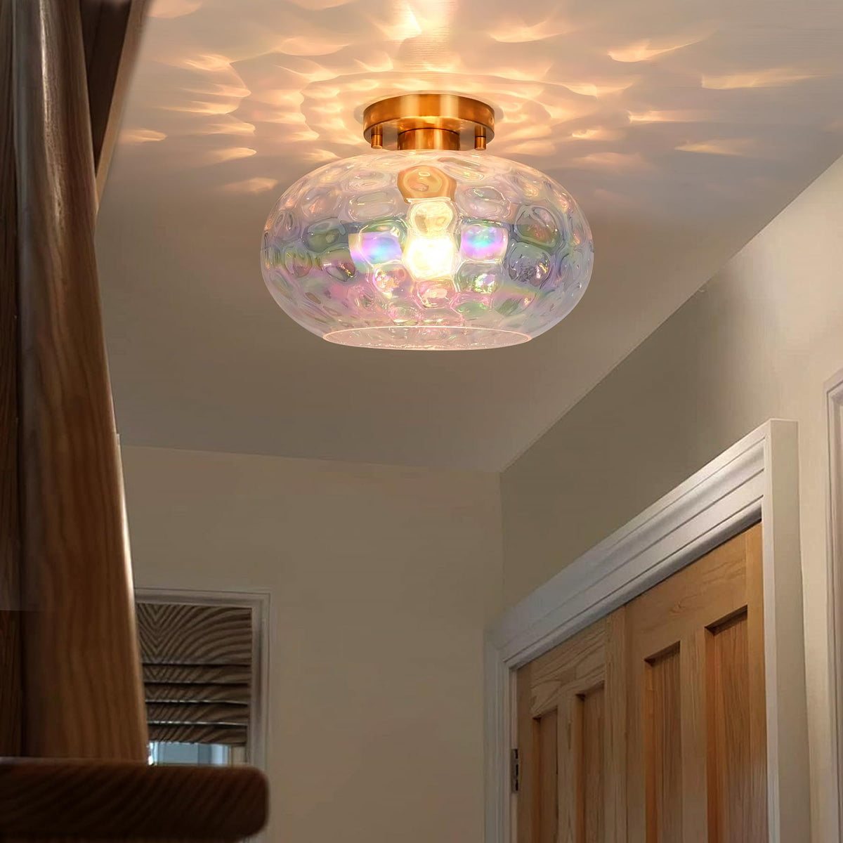 Brass Gold Semi Flush Mount Ceiling Fixture 11" Hammered Glass Shade Modern Close to Ceiling Lighting 1 (11 Inches / Stained Glass Shade)