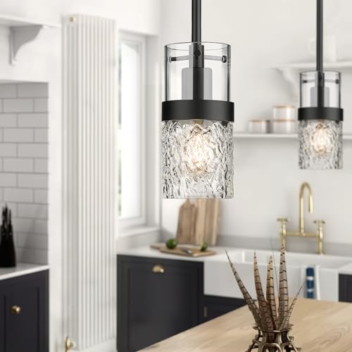 Glass Pendant Lights Kitchen Island 2 (Black -Hammered Glass / 3.5" Hammered Glass, 2-Pack)