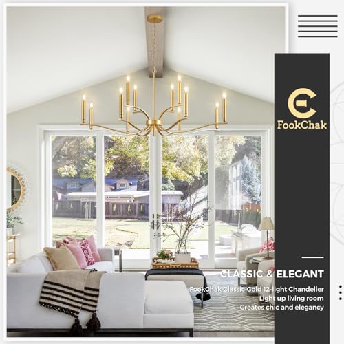 12 Light Gold Living Room Chandelier High Ceiling Foyer Candle Chandelier Large Modern Brass 44in Metal Chandeliers Hanging Light for Master Bedroom Dining Room Light Fixture Over Table (Gold / 44 inch)