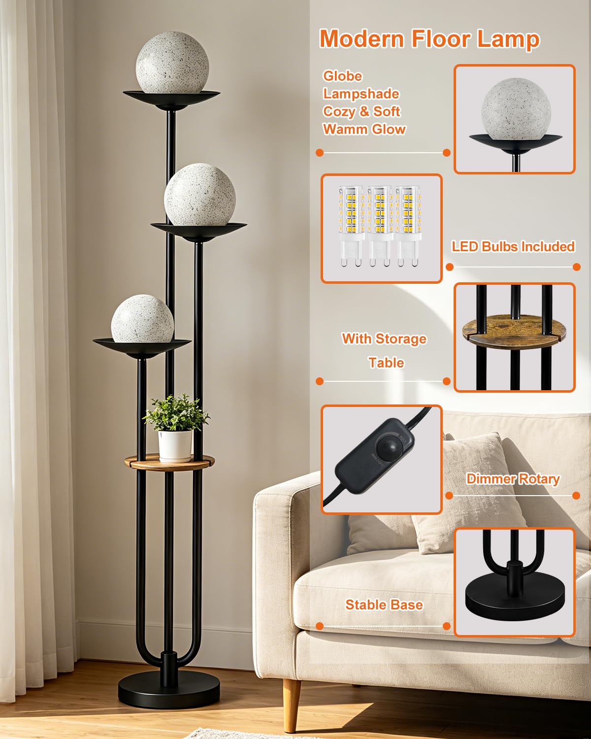 Globe Floor Lamp with Tray&Table 3 (Black-3UL1)