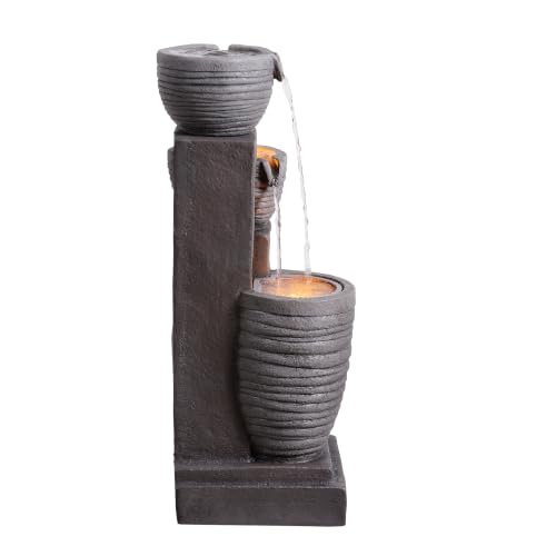 Horizontal Ribbed Pattern Outdoor Water Fountain (Warm Gray)