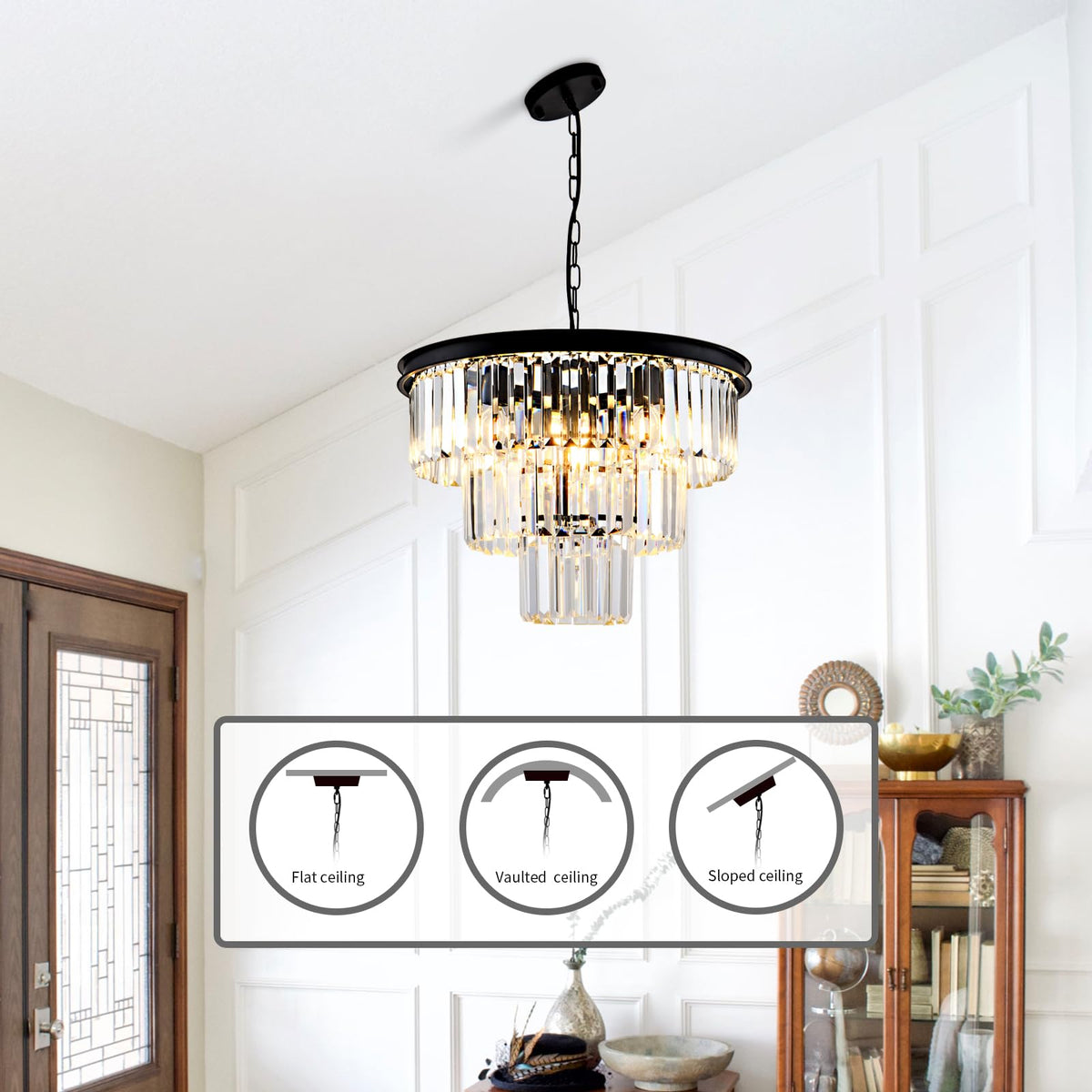 8 Light Modern Crystal Chandelier 20'' Black Chandeliers for Dining Room Contemporary Pendant Light Fixture Round 3 (Black & Clear Crystal / 20'')