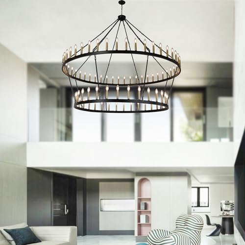 Rustic Farmhouse Wagon Wheel Chandelier Black+Brushed Brass Large Chandeliers for High Ceilings 2 Tier 80Lights 78.7 Inch for Dining Room Living Room Foyer Porch Kitchen Island (Black+Brushed Brass...