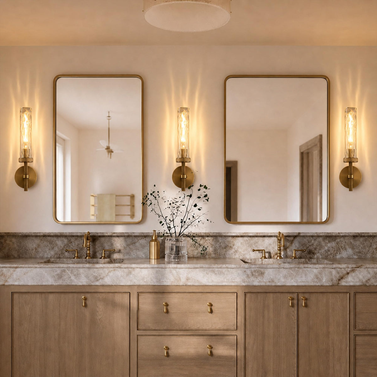 Bathroom Sconces Set of 2 Hardwired Sconces with Water Ripple Glass (Brass / 16.5in-2PK)