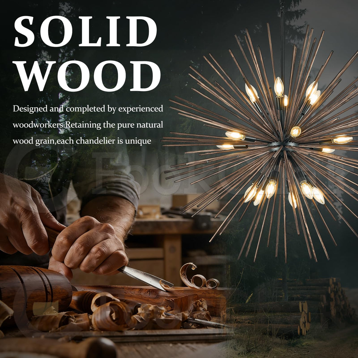 Large Wood Sputnik Chandeliers 18 Light Starburst Light Fixture Solid Wood (Wood Brown / 35 inch)