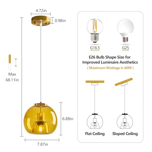 Yellow Glass Pendant Light Kitchen Island (Yellow(7.87 in) / 1-Pack)