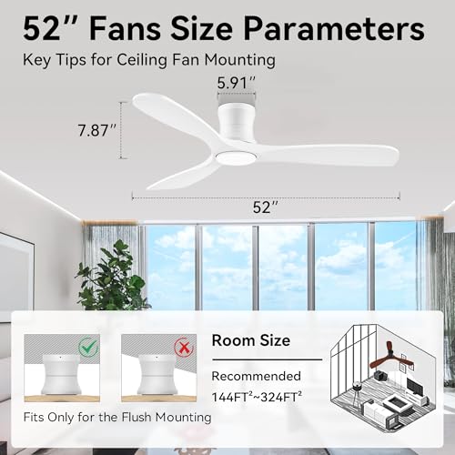52In Wood Flush Mount Ceiling Fans with Lights and Remote (White Wood)