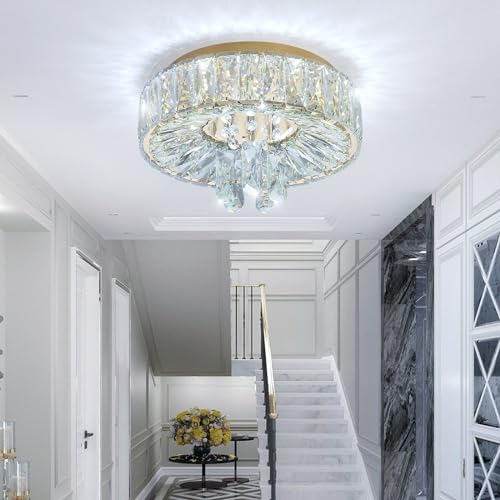 Mini Chandelier Modern Crystal Chandeliers for Hallway LED Flush Mount Ceiling Light Dimmable Light Fixture for Dining Room Living Room Bedroom (Gold / 11.8" Width)