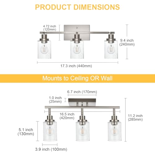 3 Light Brushed Nickel Kitchen Track Lighting Fixtures Ceiling Mount Track Lighting Kit with Bubble Seeded Glass Shade Modern Bathroom Tracking Vanity Lights Ceiling Tracking Accent Shop Light (Brushed Nickel / 3-Light)