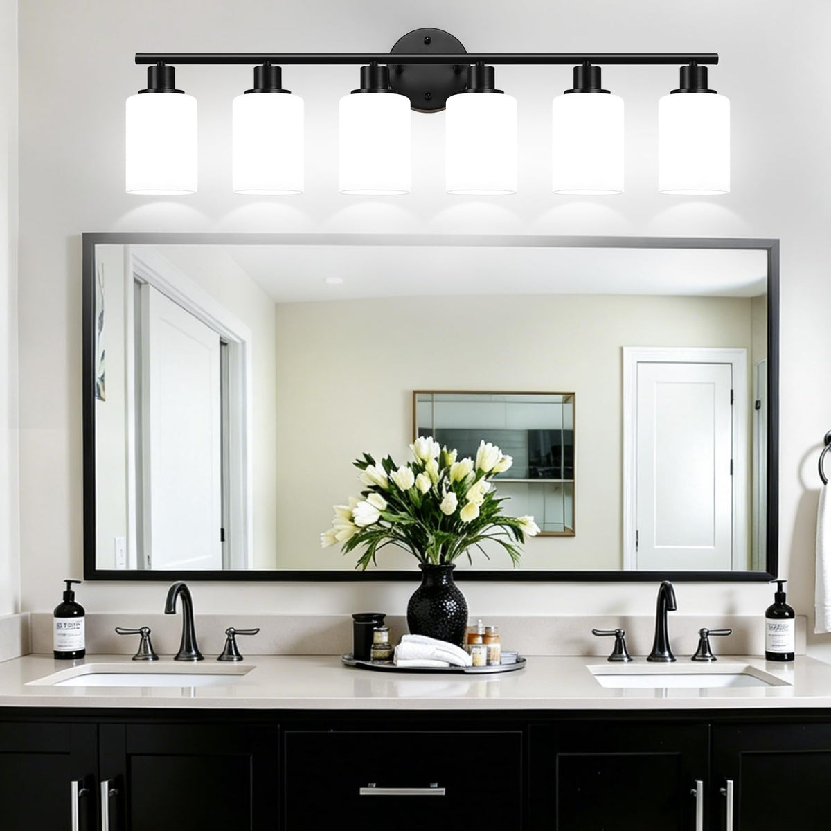 6 Light Bathroom Light Fixtures (Matte Black & Milky White Glass / 6-light)