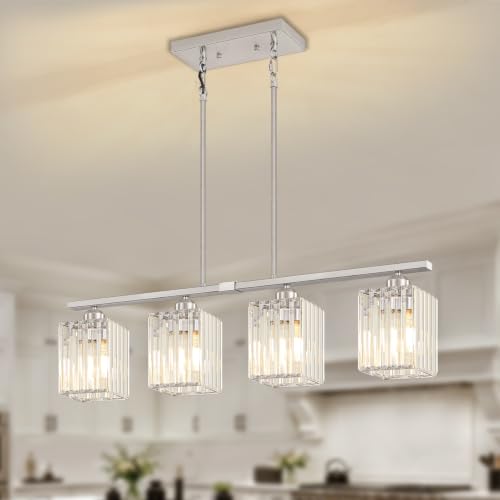 31.89'' Modern Linear Chandelier Kitchen Island Lighting Square Crystal (4-Light Brushed Nickel)