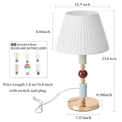 White Fabric Shade Table Lamp Modern Metal Desk Lamp with Plug Cord Switch for Bedroom Bedside (12.9in / White)
