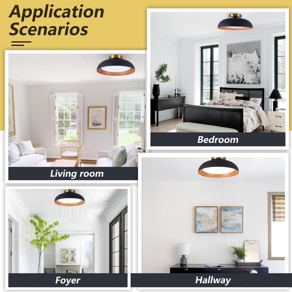 Flush Mount Ceiling Light (Matte Black with Wood Accent-5CCT / 12.5 Inch-1 Pack)