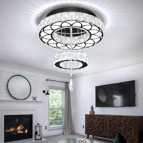 Dia 16" Black Modern Crystal Chandeliers Flush Mount Chandelier Dimmable LED Light Crystal Ceiling Light for Hallway Bedroom Living Room Dining Room (Black / W:16inches)