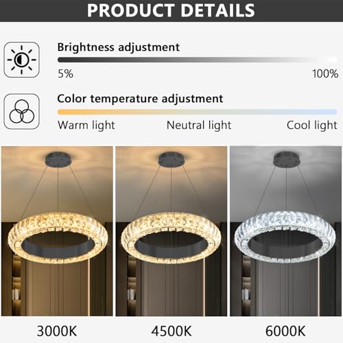16" Ring Modern LED Dimmable Crystal Chandelier Adjustable Height Pendant Light Round Crystal Chandelier Light Fixtures for Dining Room Living Room Kitchen Island Black (Black / 1 Ring Round 16")