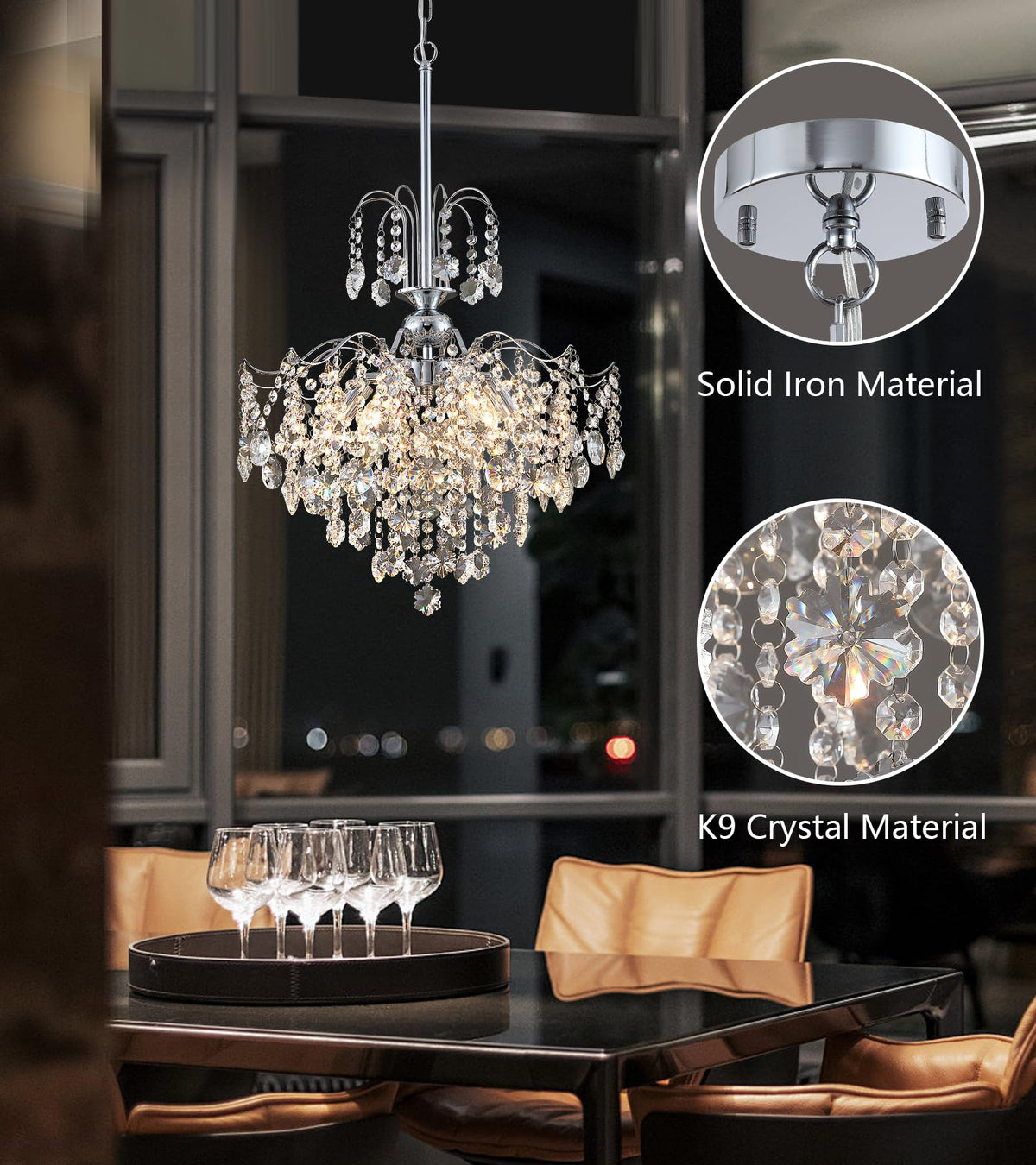 Modern Crystal Chandelier Chrome Pendant Light 6 Lights for Dining Room Kitchen Island Entryway Bathroom Hallway UL Listed (Chrome-6Light)