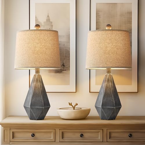 20.25" Rustic Farmhouse Table Lamp Sets of 2 for Living Room Bedroom Deep Grey Contemporary Classic Bedside Nightstand Lamp with White Fabric Shade (Small - Dark Grey)