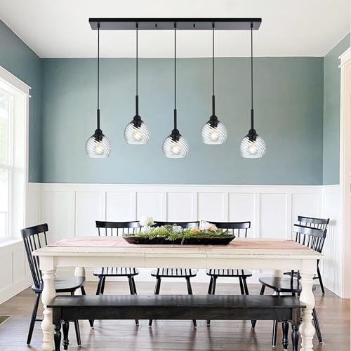 5 Light Kitchen Pendant Lighting Over Island with Striped Swirl Globe Glass (Transparent / 5-Light-Straight Bar)