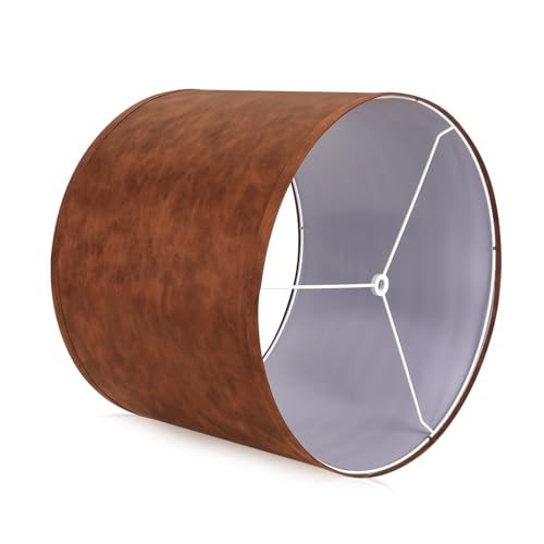 Large Lampshades Set of 2 Drum Lamp Shades 15" Top X 15" Bottom X 12" High (Imitation Brown Cowhide)