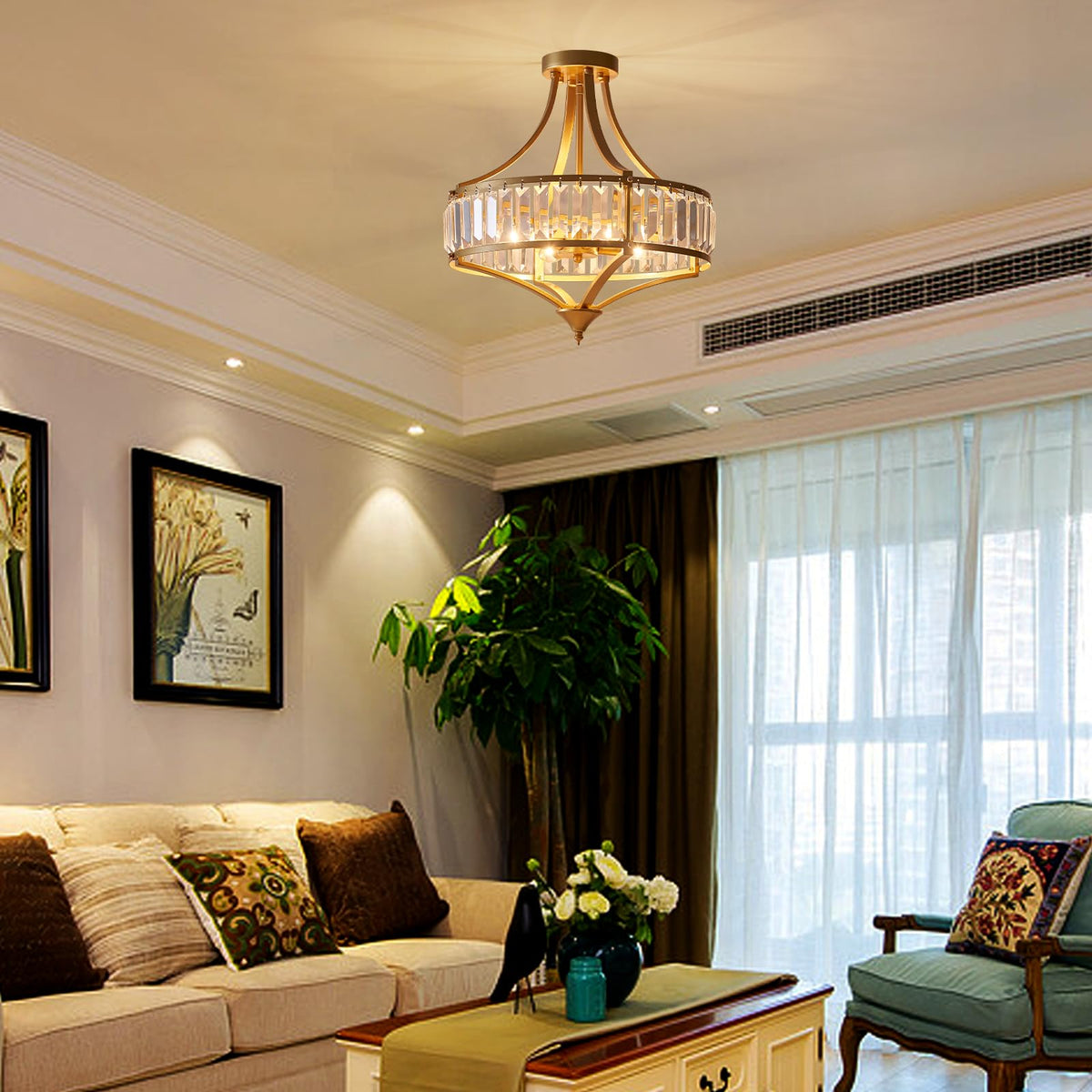 Modern Gold Crystal Chandelier 4 Lights Semi Flush Mount Ceiling Light Fixture E12 Base Farmhouse Mid Century Chandelier for Dining Room Bedroom Hallway Entryway Kitchen (Ceiling Light-Gold)