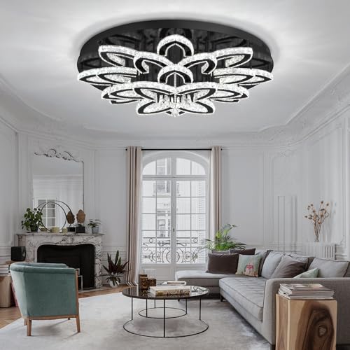 40" Modern Crystal Chandelier for Dining Room LED Dimmable Flush Mount Chandeliers Black Ceiling Chandelier for Living Room Bedrooms (Black / Dia 40")