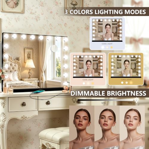 Black Hollywood Vanity Mirror with Lights (Black / 32"L x 24"W)
