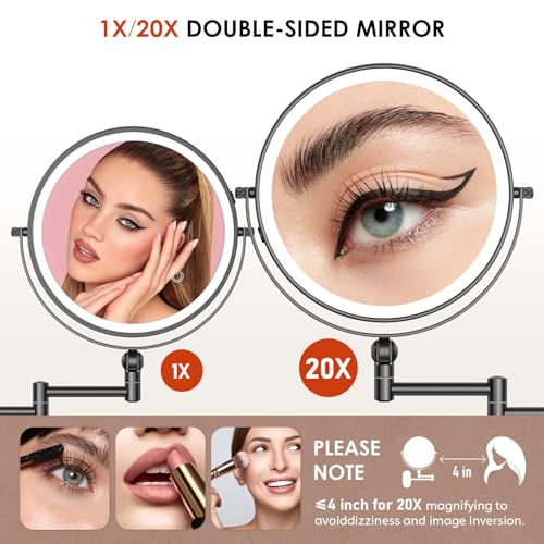 9" Wall Mounted Lighted Makeup Mirror (20x-black)