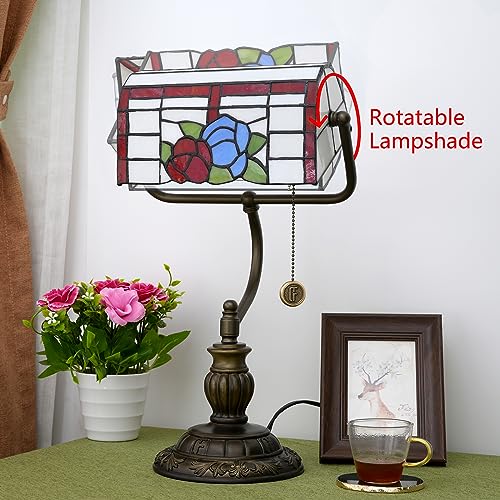 Tiffany Bankers Lamp Red Blue Rose Flowers Stained Glass Desk Lamp with Zipper Pull Chain Tiffany Style Vintage Bedroom Bedside Light Adjustable Angle Aesthetic Antique Accent Reading Desk Light (Red Blue Rose Flowers)
