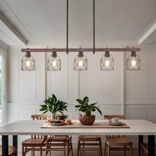 5 Light Modern Farmhouse Island Lighting (Walnut+Black-5lights / 45-inch)