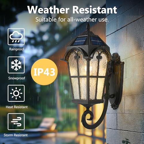 Exterior LED Solar Wall Sconce with Remote Control (Black - Water Grain Glass / 24 Inch - Solar Powered)