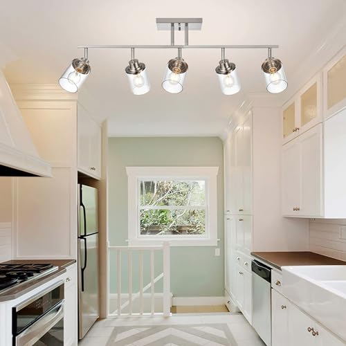 5-Light Wall/Ceiling Track Lighting Kit in Brushed Nickel Semi Flush Mount Ceiling Light with 5 Rotatable Light Heads Modern Vanity Lights for Bathroom, Clear Glass Shade (Brushed Nickel / 5-Light)