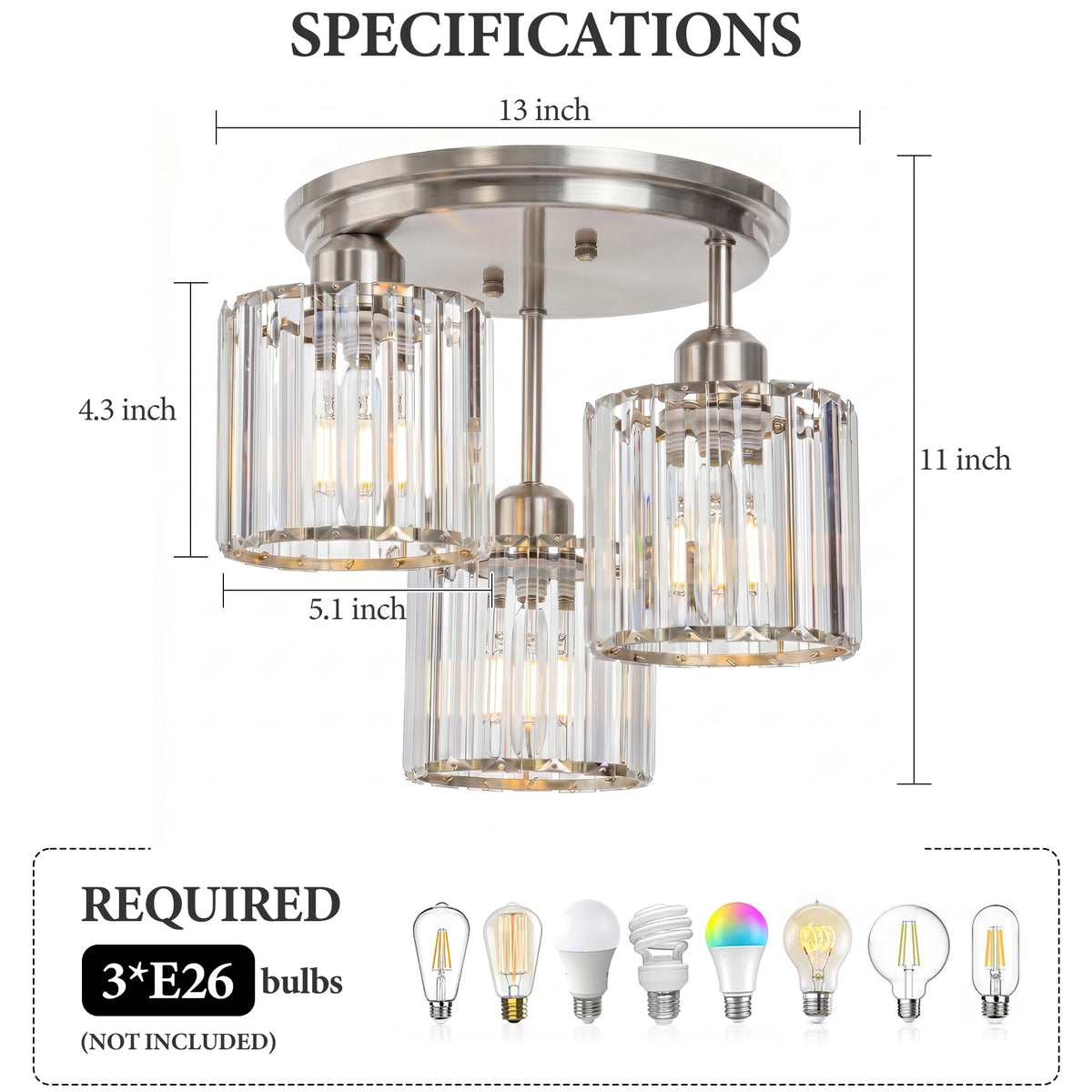 Crystal Semi Flush Mount Ceiling Light (Nickel)