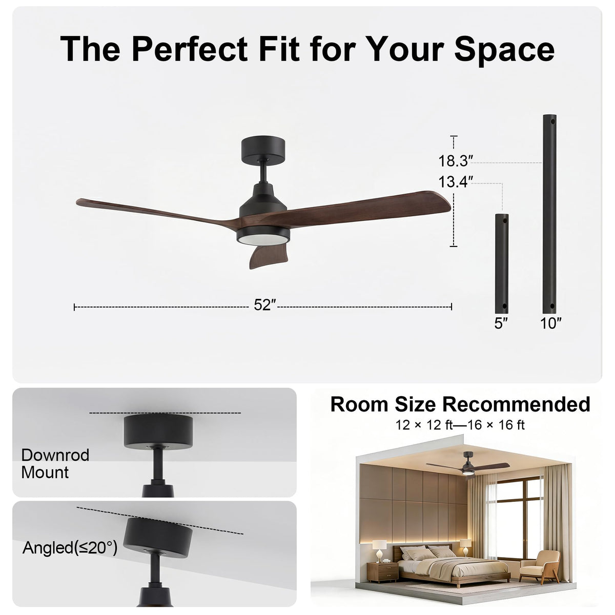 2 Pack 52 Inch Ceiling Fan with Lights (black & walnut / 52 Inch)